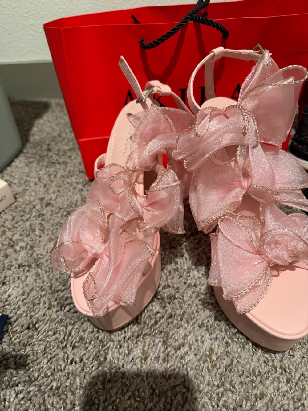 AKIRA Pink Floral Organza Platform Heels